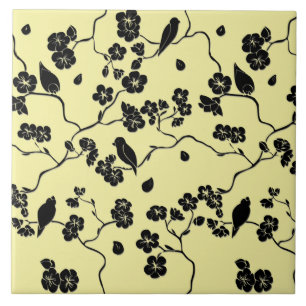 Carreau Oiseaux en fleurs de cerises Noir sur citron Jaune
