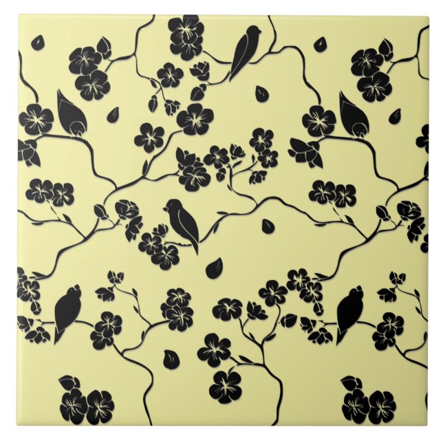 Carreau Oiseaux en fleurs de cerises Noir sur citron Jaune (Devant)