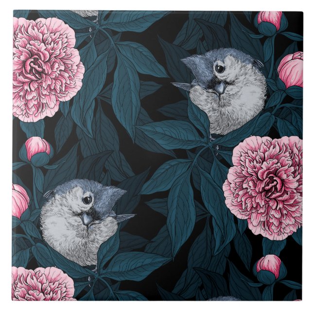 Carreau Oiseaux et fleurs de pivoines roses avec feuille (Devant)