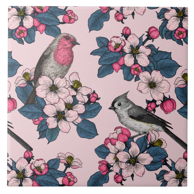 Carreau Oiseaux et fleurs roses (Devant)