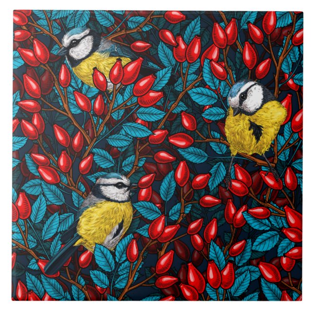 Carreau Oiseaux et hanches roses de chien, bleu et rouge (Devant)