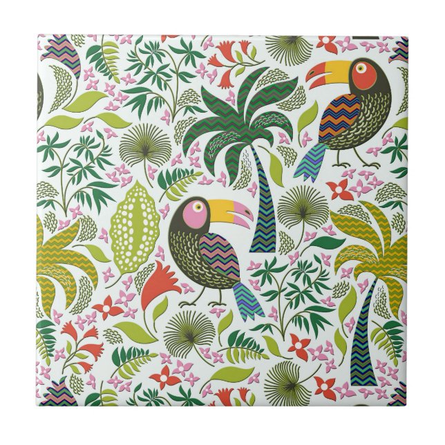 Carreau Oiseaux Exotiques Colorés Et Fleurs Motif (Devant)