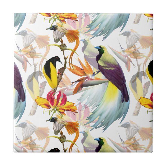 Carreau Oiseaux exotiques du Paradis et fleurs Aquarelle (Devant)