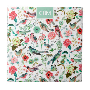 Carreau Oiseaux exotiques Jungle Floral avec Monogramme