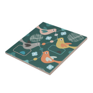 Carreau Oiseaux Fleurs Rétro Moderne Motif du milieu du si