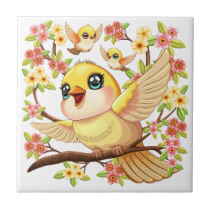 Carreau Oiseaux mignons et heureux parmi les fleurs du pri
