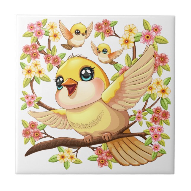 Carreau Oiseaux mignons et heureux parmi les fleurs du pri (Devant)