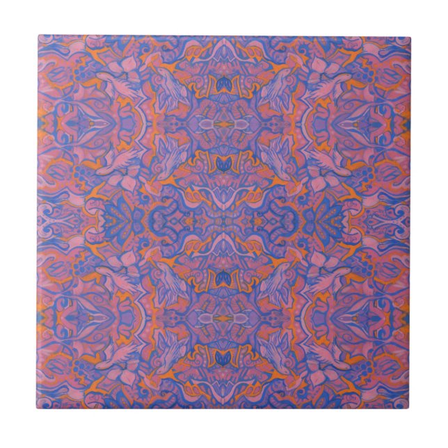 Carreau Oiseaux Motif arabesque Bohémien rose bleu orange (Devant)