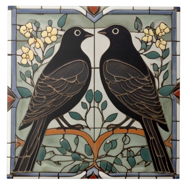 Carreau Oiseaux noirs Faux Vitrail Oiseau Couple (Devant)