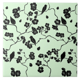 Carreau Oiseaux sur les fleurs de cerisiers Noir sur le ve