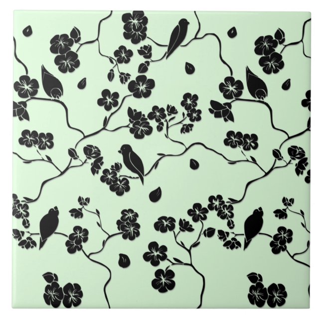 Carreau Oiseaux sur les fleurs de cerisiers Noir sur le ve (Devant)