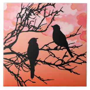 Carreau Oiseaux sur une branche, Noir contre le coucher du