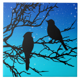 Carreau Oiseaux sur une branche, noirs sur fond bleu de so