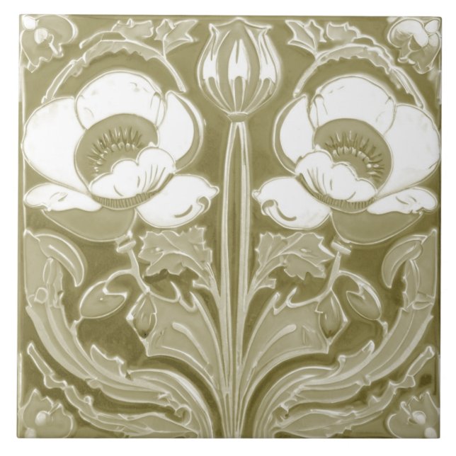Carreau Olive Tan Poppy Fleur Déco Nouveau Folk Art (Devant)