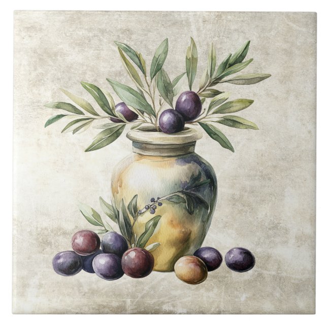 Carreau Olives à l'aquarelle dans un vase à texture fausse (Devant)