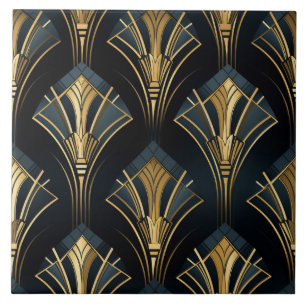 Carreau Or Art Déco, symétrique, marine et cyan