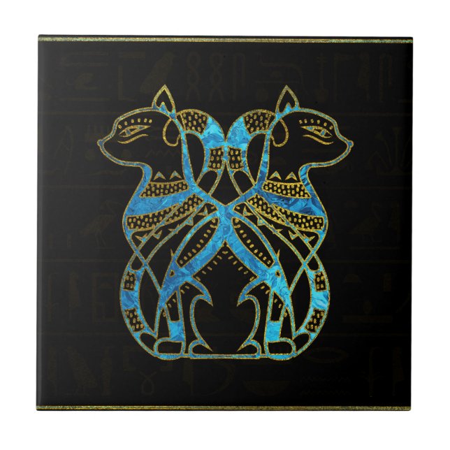 Carreau Or de chats égyptiens et verre souillé de bleu (Devant)