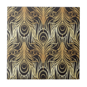 Carreau or, noir, motif de paon, nouveau d'art, cru,