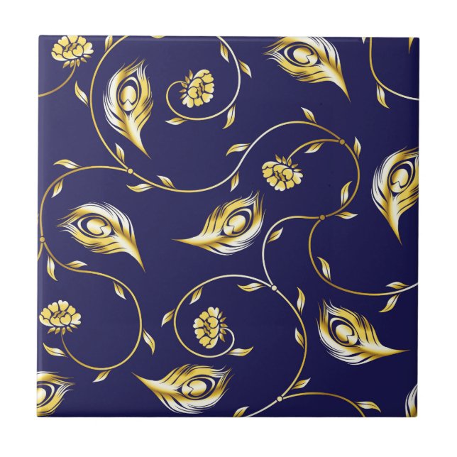 Carreau Or, paon, floral, motif, sur le noir, chic, (Devant)