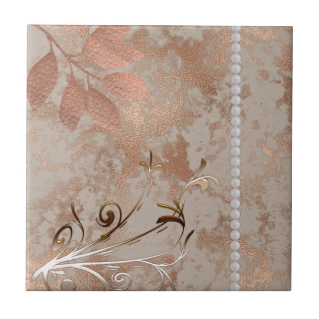 Carreau Or rose, perles blanches, Carré floral (Devant)