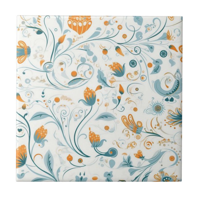 Carreau Orange bleu rétro motif floral (Devant)