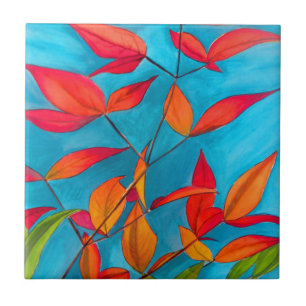 Carreau Orange feuille Automne art original aquarelle