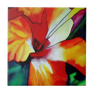 Carreau Orange Hibiscus fleurs tropicales aquarelle art