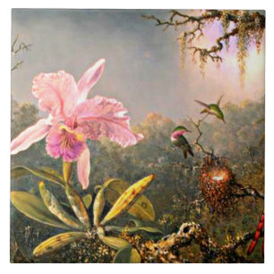 Carreau Orchidée de Cattleya et trois colibris