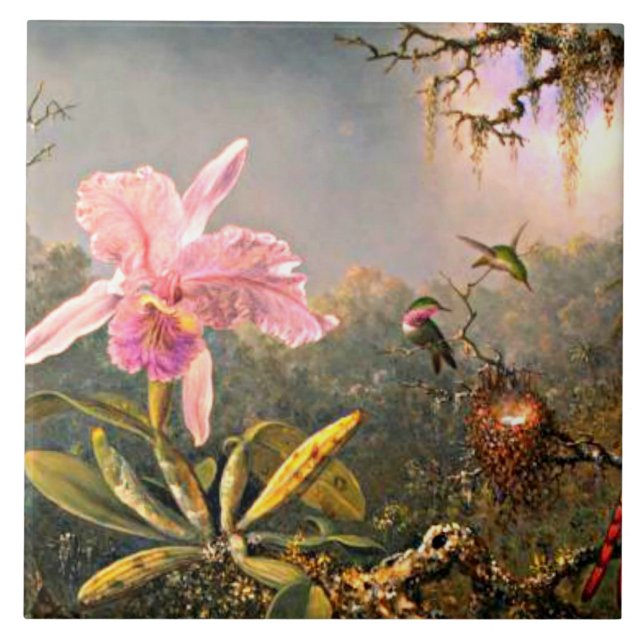 Carreau Orchidée de Cattleya et trois colibris (Devant)