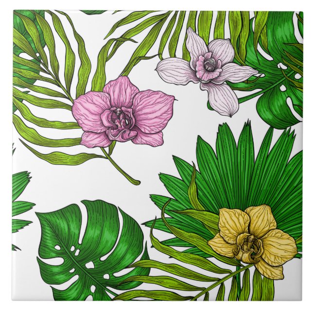 Carreau Orchids and palm leaves, pink, yellow, green and w (Devant)