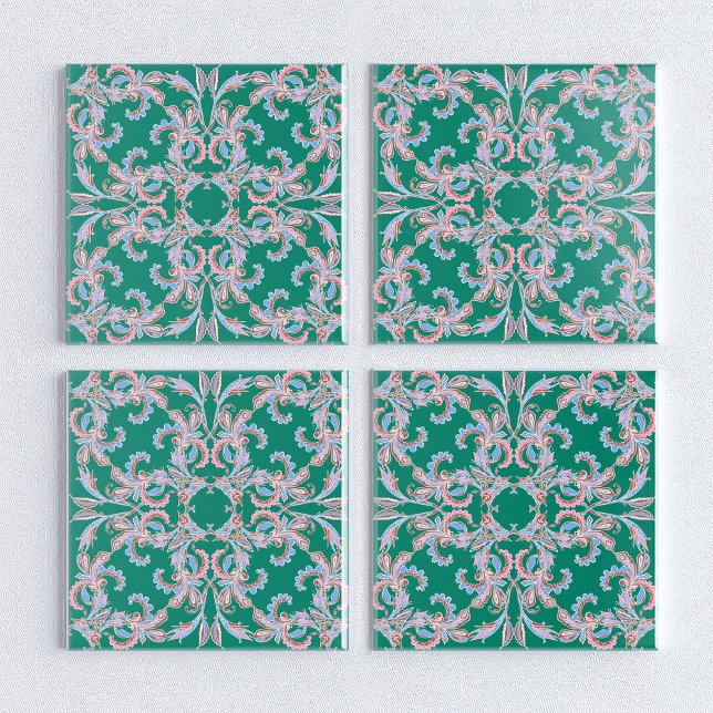 Carreau Ornate Floral Filigree Tile in Emerald Green (Créateur téléchargé)