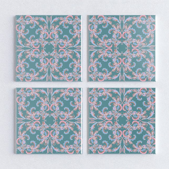 Carreau Ornate Floral Filigree Tile in Teal Blue (Créateur téléchargé)
