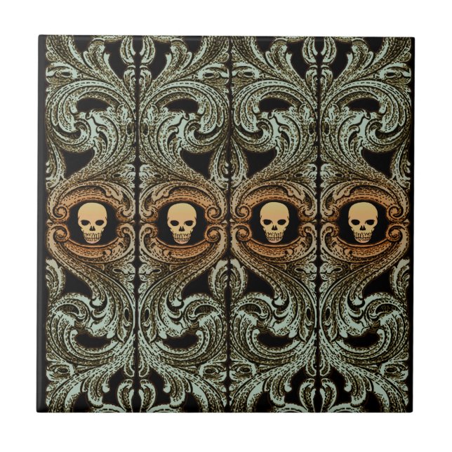 Carreau Ornement de vert sauge de Goth avec le crâne (Devant)