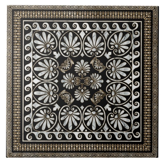 Carreau Ornement grec de luxe noir et Marbre blanc (Devant)