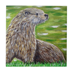Carreau Otter sur une peinture de rive d'une rivière
