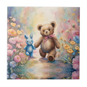 Carreau Ours en peluche et lapin dans un jardin pastel