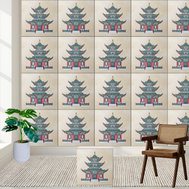Carreau Pagode chinoise bleue et rouge Chinoiserie Temple  (Blue and Red Chinese Pagoda Chinoiserie Temple Art Ceramic Tile)