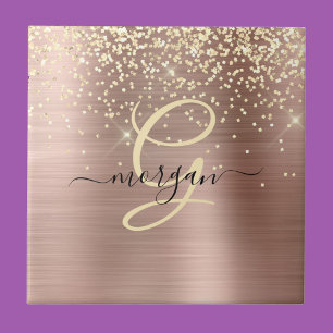 Carreau Paillettes dorées, monogramme doré, nom en script 