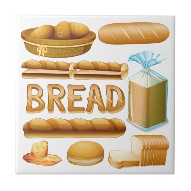 Carreau Pain (Illustration of a variety of breads, including a basket of rolls, a loaf of bread, sliced baguettes.)