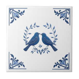 Carreau Paire d'oiseaux romantique Delft Blue White Floral