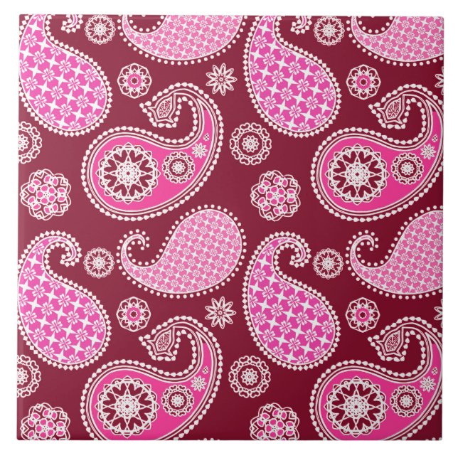 Carreau Paisley motif, Bourgogne, rose et blanc (Devant)
