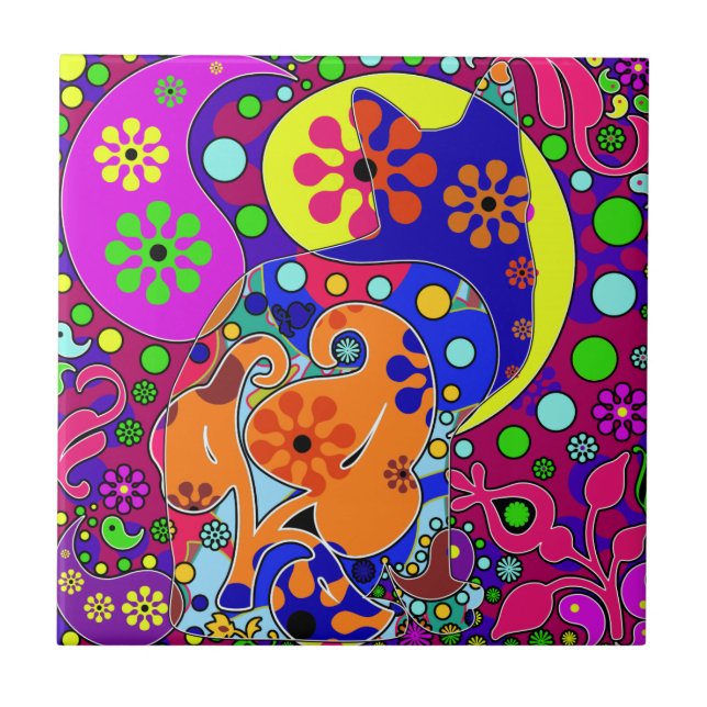 Carreau Paisley Pat Pop Art de la fleur d'Hippie rétro (Devant)