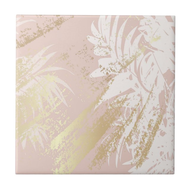 Carreau Palmier tropical feuille or rose (Devant)