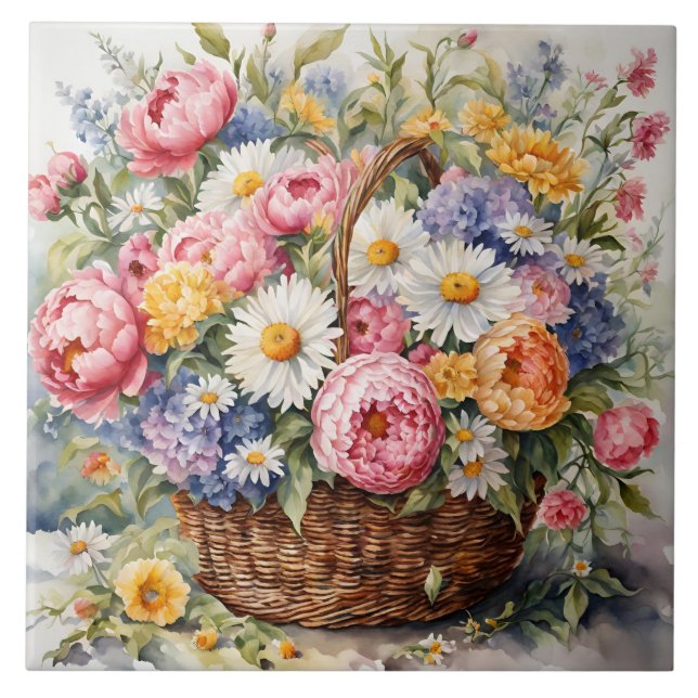 Carreau Panier en osier aquarelle avec fleurs d'été (Devant)