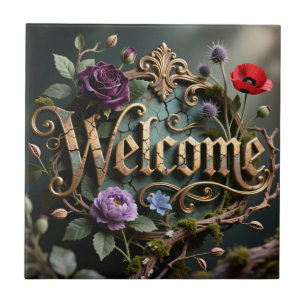 Carreau Panneau de bienvenue en or floral antique foncé