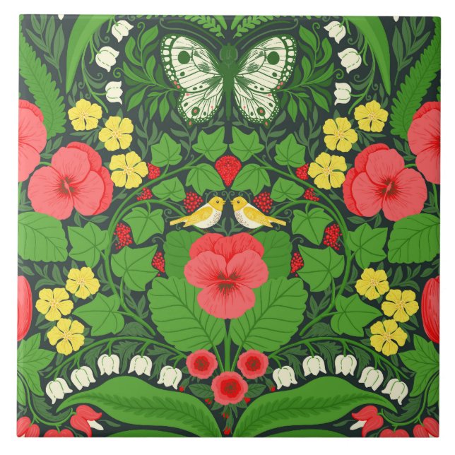 Carreau Pansies rouges, oiseaux et papillons (Devant)