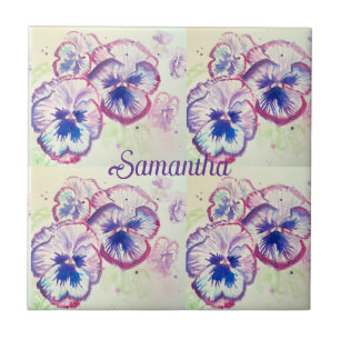Carreau Pansy Panies Purple Fleurs Florales Aquarelle Nom