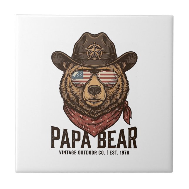 Carreau Papa Bear Cowboy Bear Patriotic Vintage Vector Des (Devant)