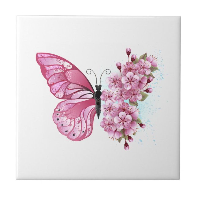 Carreau Papillon à fleurs avec Sakura rose (Devant)