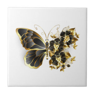 Carreau Papillon à fleurs d'or avec orchidée noire
